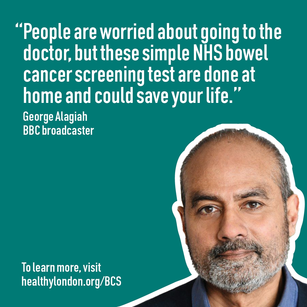 George Alagiah encourages South Asians in London to use the free NHS bowel cancer screening kit